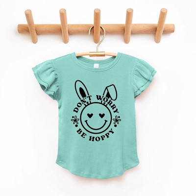 The Juniper Shop Don't Worry Be Hoppy Smiley Bunny Toddler Flutter Sleeve Tee