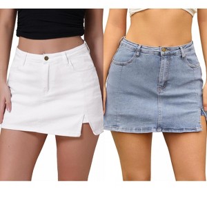 INSPIRE CHIC Women's Jean Side Slit High Waisted A-Line Stretch Mini Denim Skirts 2 Packs - 1 of 4
