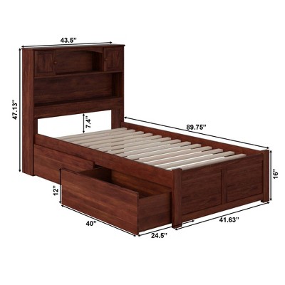Newport Walnut Twin Platform Bed with Bookcase Headboard and Storage Drawers