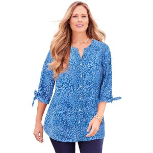 Catherines Women's Plus Size Georgette Buttonfront Tie Sleeve Cafe Blouse - 1 of 4