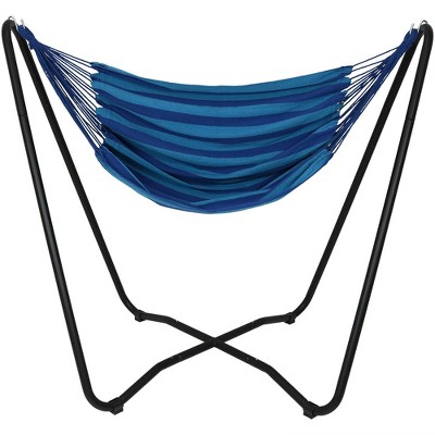 Sunnydaze Hanging Rope Hammock Chair Swing with Space-Saving Stand - 330 lb Weight Capacity - Beach Oasis
