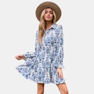 Women's Blue Floral Print Collared Mini Dress with Poet Sleeves - Cupshe - 1 of 4