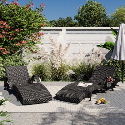 Outdoor Recliner Set of 2,Rattan Recliners With Pull-Out Side Table And Adjustable Backrest,Outdoor Chaise Lounge For Poolside-Cuddlewood