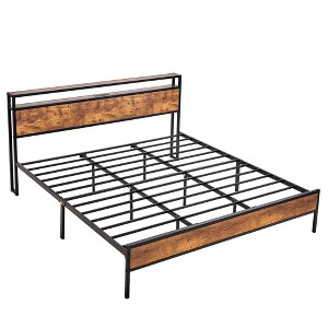VECELO Queen/King Size Bed Frame with Wooden Headboard, Metal Bed Platform No Box Spring Needed with Heavy Duty Steel Slat, Brown - 1 of 4