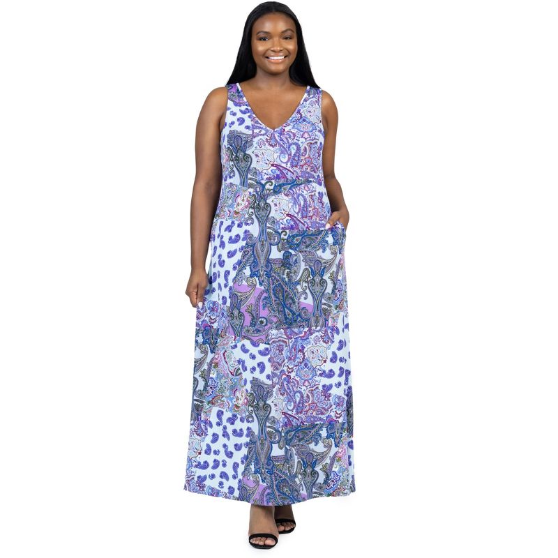 24seven Comfort Apparel Plus Size Purple Paisley Sleeveless V Neck Maxi Dress With Pockets, 4 of 7