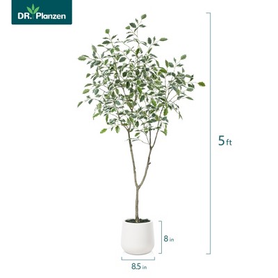 DR.Planzen 5-7FT Artificial Ficus Tree with Oval White Planter, Pre Potted Faux Greenry Plant with White Side Leaves for Home Decor