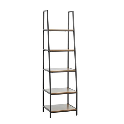 JOMEED CC80 Industrial Freestanding Durable 72 Inch 5 Tier Open Shelf Ladder Bookcase with Rubber Feet and Wall Bracket, Gray and Brown