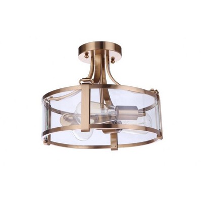Satin Brass and Clear Glass Drum Semi-Flush Mount Light