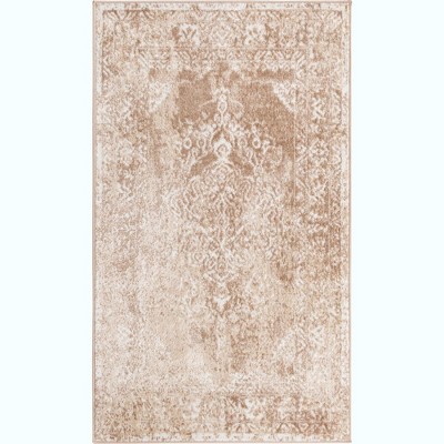 Beige Floral Rectangular Stain-Resistant Synthetic Area Rug