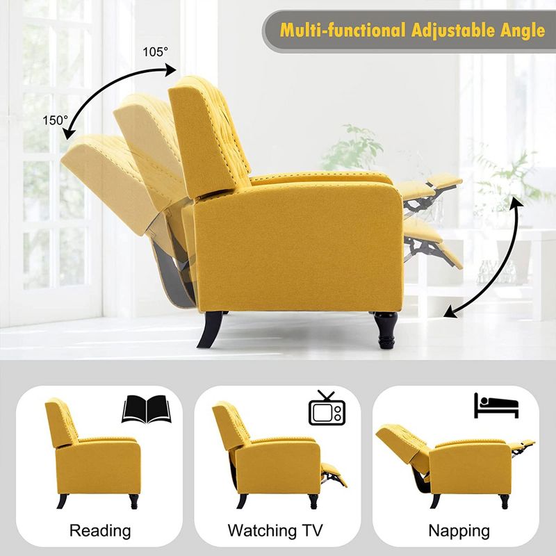Vicluke GGIN0083YE Mid Century Modern Tufted Vintage Push Back Recliner Chair with Traditional Solid Wood Legs and Pop Out Footrest, Yellow, 2 of 6