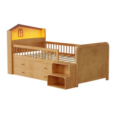 Vynxaria Twin Low Loft Bed House Shape Headboard 4 Storage Drawers Solid Wood natural Kids Loft Bed with Guardrails Stairs