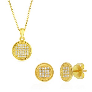 Bella Silver Sterling Silver, Round Pave CZ Necklace  & Earrings Set - Gold Plated - Gold - 16+2 Inch - 1 of 4