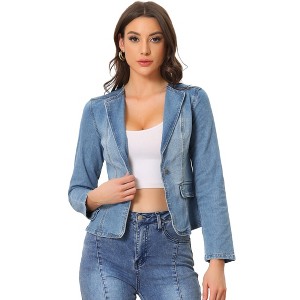 INSPIRE CHIC Women's Lapel Collar Long Sleeve One Button Work Denim Blazer - 1 of 4