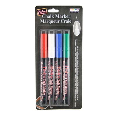 Marvy Uchida Bistro Chalk Markers, Fine Tip, 4-Color Set, Red, Green, Blue, White