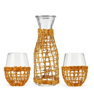 Twine Island Wine Glasses with Carafe, Stemless Glassware with Seagrass Wrap for Night Stand, Dishwasher Safe, 16 Oz, 37.5 Oz, Set of 3, Beige - 1 of 4