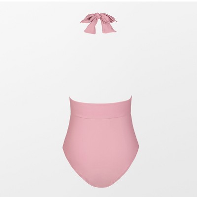 Women's Plunge Halter Backless Ruched One Piece Swimsuit - Cupshe-Dusty Pink-S