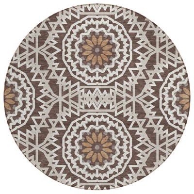 Chocolate Ivory And Taupe Floral Medallion Washable Indoor Outdoor Area Rug
