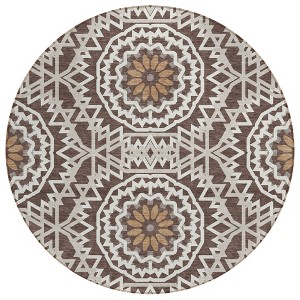 Chocolate Ivory And Taupe Floral Medallion Washable Indoor Outdoor Area Rug - 1 of 4