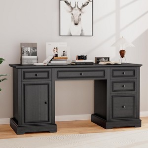 Dyonery 60" Farmhouse Executive Desk Wood Computer Office Desk with Drawers & Cabinet Antique - 1 of 4
