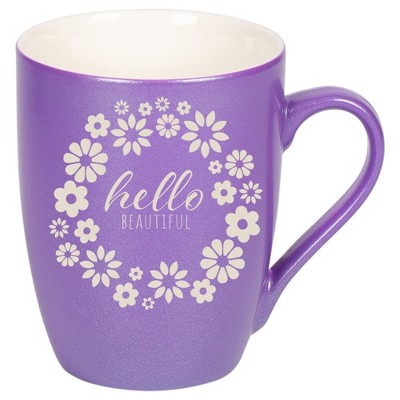 Elanze Designs Flower Wreath Hello Beautiful 10 Ounce Ceramic Laser-Etched Engraved Drinkware Mug, Metallic Passion Purple