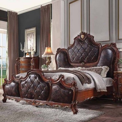 Cherry Oak Queen Bed with Tufted Upholstered Headboard