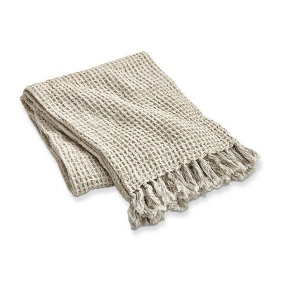 tag Chambray Cotton Decorative Throw for Sofa or Bed Beige, Beige with Fringe 50L x 60W in.