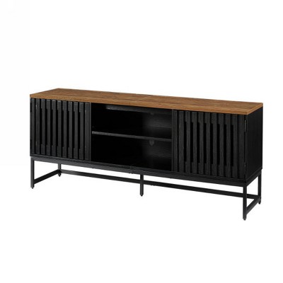 GlasFlength TV Stands and Consoles Modern Media Console with Grille Doors and Adjustable Shelves for Living Room, Black, 63"*15.8"*19.7"