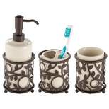 mDesign Vine Ceramic & Metal Bathroom Soap Dispenser, Toothbrush Holder and Cup, 3 Piece Set - Vanilla/Bronze