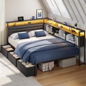 Furnulem Full Size Bed Frame with Headboard and Storage Drawers Full Metal Platform Corner Bed Frame with Charging Station and LED Lights - 1 of 4