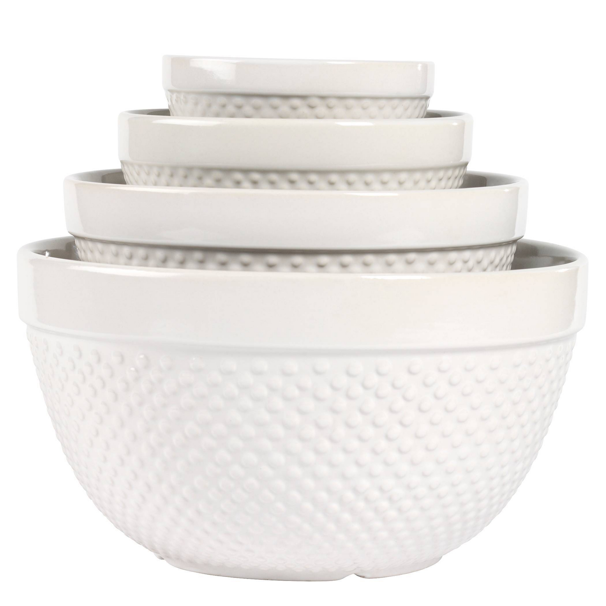Tabletops Gallery 4pc Stoneware Hobnail Nesting Mixing Bowl Set: Ceramic Mixing Bowls, Off-White, Dishwasher-Safe