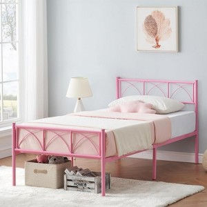 Twin Size Platform Bed Frame, Pink Metal Bed Frame, Heavy Duty Base Bed Frame with Headboard and Footboard, Steel Slat Support, No Box Spring Needed - 1 of 4
