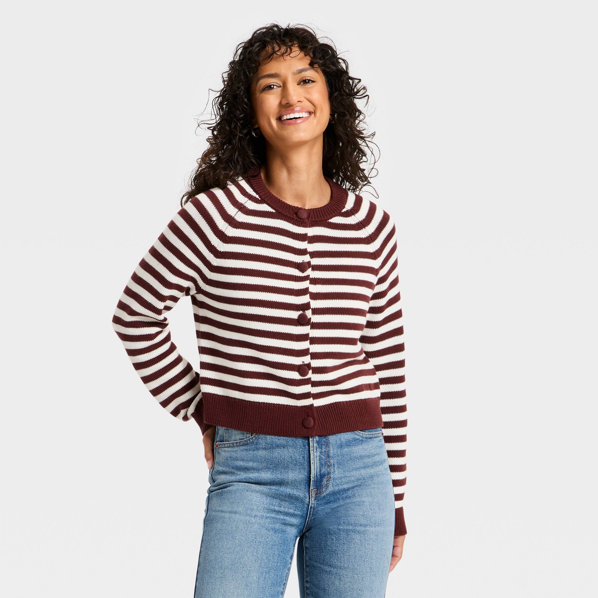 Women's Crewneck Cotton Cardigan - Universal Thread™ Maroon Striped L