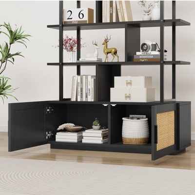 5 Tier Rattan Bookshelf with Storage Cabinet & Door