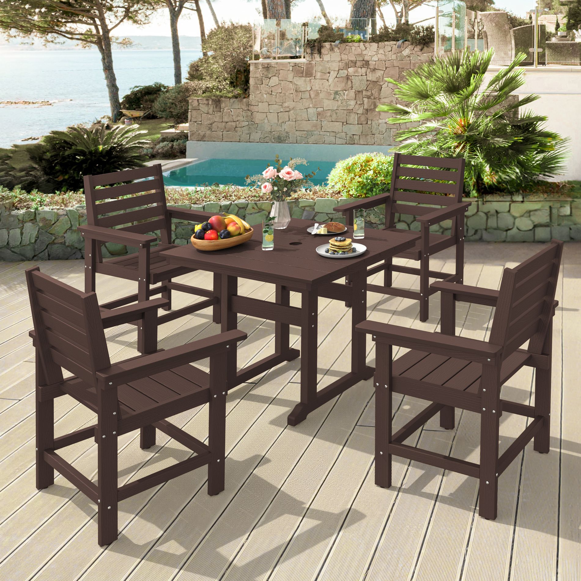 Arceso Patio Table and Chairs Set 5 Pieces, HDPS Weather Resistant Outdoor Dining Set, Square Outdoor Dining Table with 4 Patio Chairs, Coffee Brown