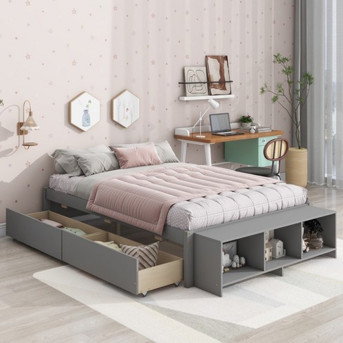 Full Size Platform Bed With 2 Drawers And Storage Case, Gray ...