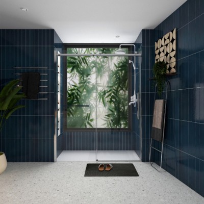 S-RM6076TB 56-60"W x 76"H Sliding Bathroom Door, Frameless Glass Shower Door with Matte Black Hardware, Towel Bar and Handle