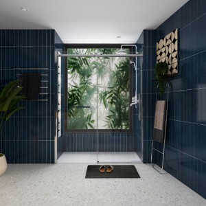 S-RM6076TB 56-60"W x 76"H Sliding Bathroom Door, Frameless Glass Shower Door with Matte Black Hardware, Towel Bar and Handle - 1 of 4