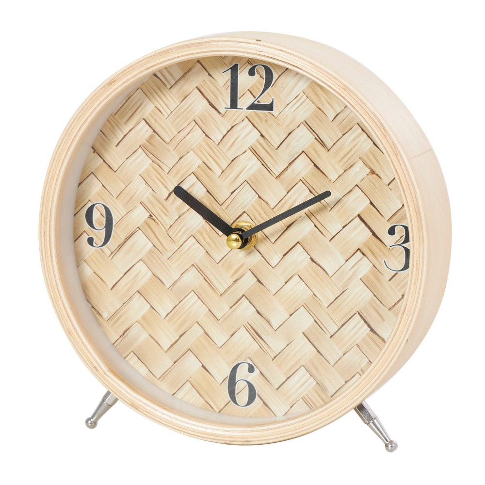 Photos - Wall Clock 7"x7" Wood Woven Chevron Patterned Clock with Silver Legs Light Brown - Ol
