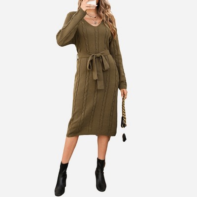 Women's Olive Cable Knit Belted Sweater Dress -Cupshe