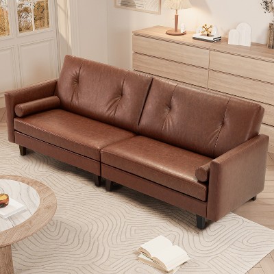 ATJafurn 86“ Genuine Leather Sofa, Mid-Century Modern Upholstered Sectional 3-Seater Retro Couch Oversized Loveseat With Square Arm for Living Room