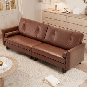 ATJafurn 86“ Genuine Leather Sofa, Mid-Century Modern Upholstered Sectional 3-Seater Retro Couch Oversized Loveseat With Square Arm for Living Room - 1 of 4