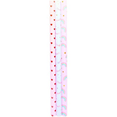 Sparkle and Bash 3 Roll Pink Wrapping Paper, All Occasion Gift Wrap for Kids Birthday, 3 Designs, 30 x 192 inch