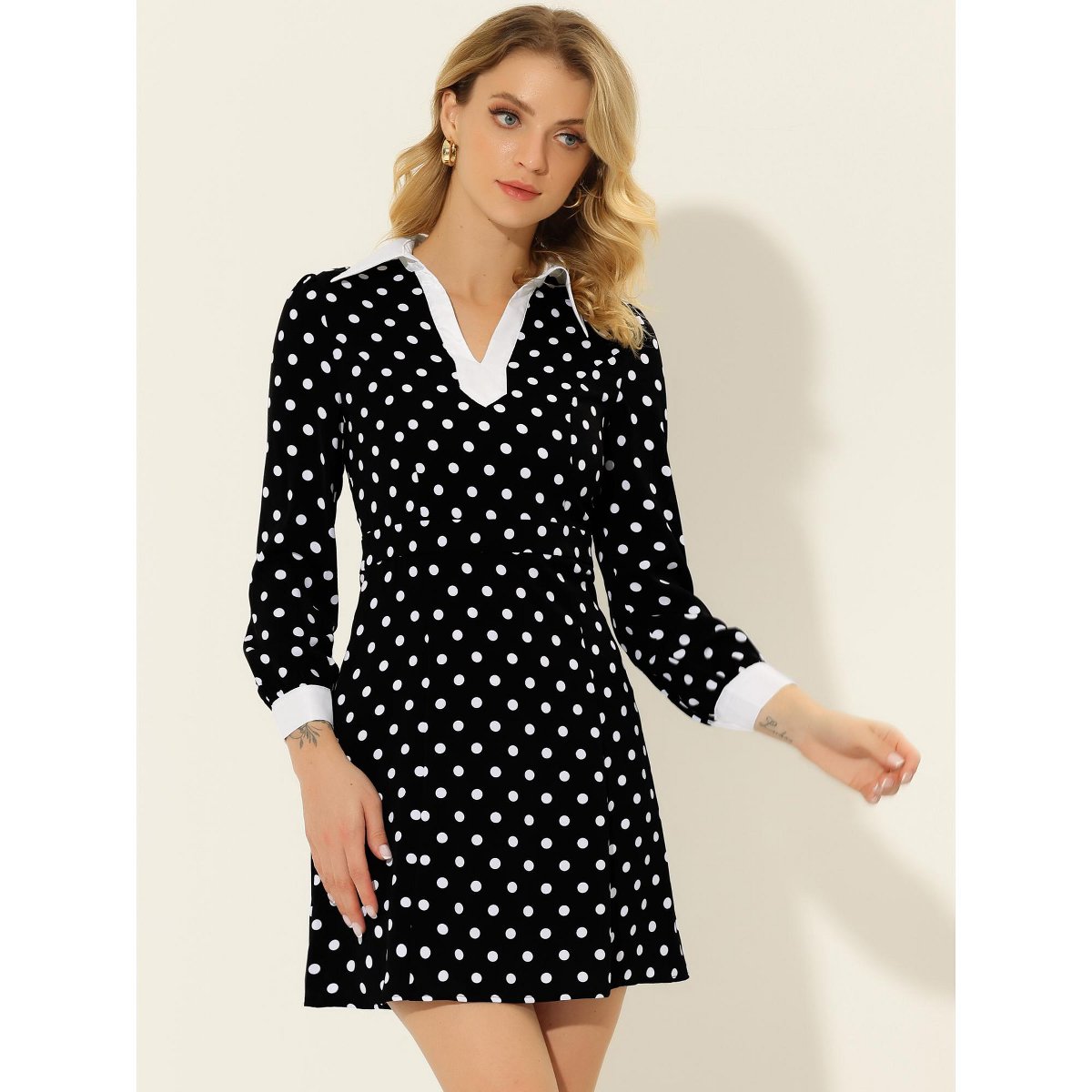 Женские платья INSPIRE CHIC Women's Vintage Contrast Polka Dots Long Sleeve A-Line Collar Dress Medium Black — фото 3