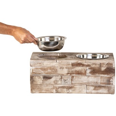 Large Rustic Reclaimed Wood Elevated Pet Feeder with Stainless Steel Bowls