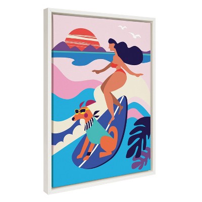 18" x 24" White Framed Tropical Surfing Dog Canvas Art