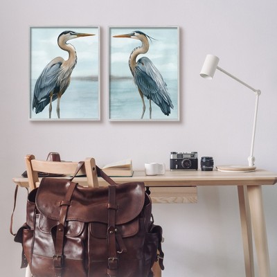 Gray Framed Heron Bird Duo Canvas Print Set, 16" x 20"