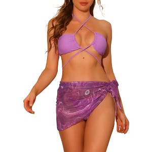 Elerevyo Women's Bandeau O Ring Cinched Strapless with Sarong Cover-Ups Beach Skirt Bathing Suit 3Pcs - 1 of 4