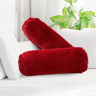 Set of 2 Maroon Shaggy Long Hair Bolster Pillows