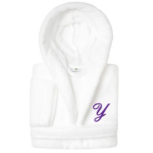 Personalized Linum Kids 100% Polyester SUPER PLUSH Double Brushed Hooded Bathrobe in Purple Script Font - 1 of 3