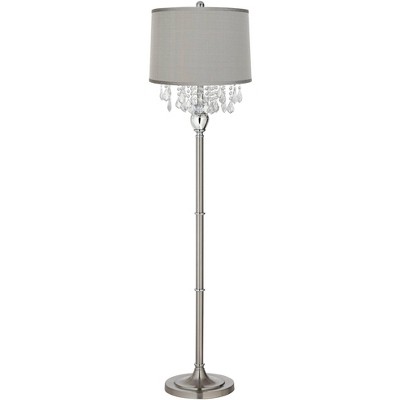 360 Lighting Modern Floor Lamp Satin Steel Chrome Crystal Chandelier Platinum Gray Silk Drum Shade for Living Room Reading Bedroom